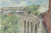 watercolour painting of Hengoed high level railway station