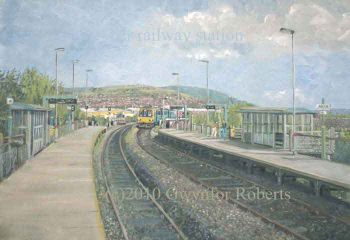 Railway stations in Wales.Oil painting of Aber Railway station, Caerphilly