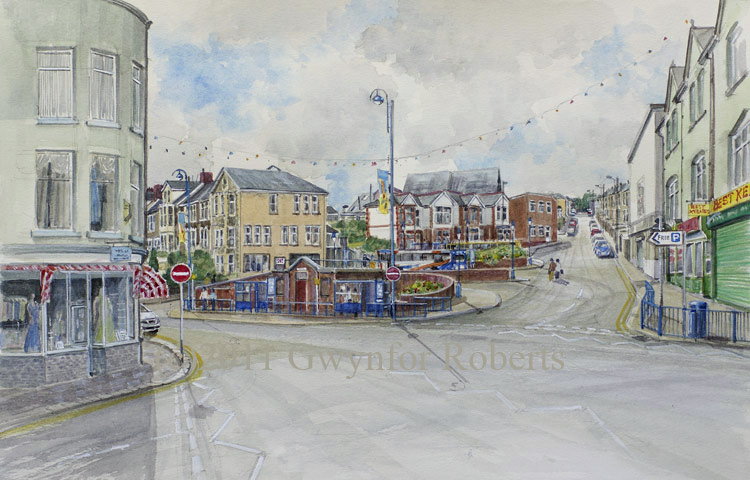 A watercolour painting of Hanbury square and bus station,Bargoed