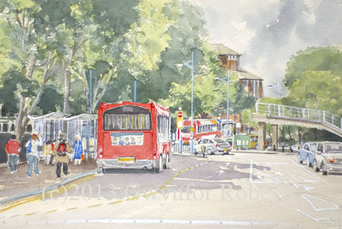 Painting of buses along Skinner Street, Newport, South Wales