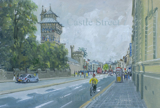 Castle Street,Cardiff. A painting by Welsh artist Gwynfor Roberts