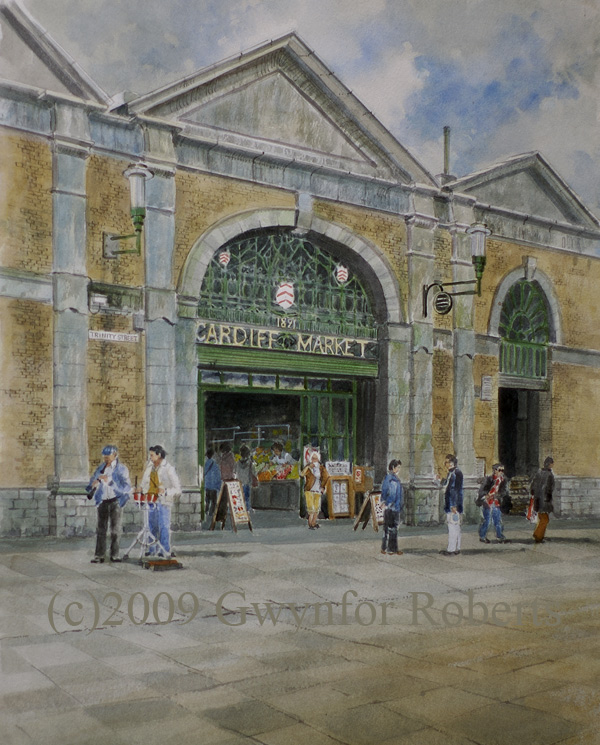 Painting of Trinity Street with the entrance to Cardiff Market