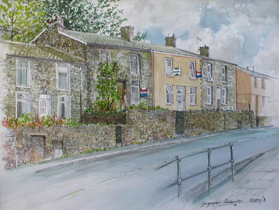Paintings of Wales-Terraced Cottages, Cardiff Road, Troedyrhiw, Merthyr Tydfil