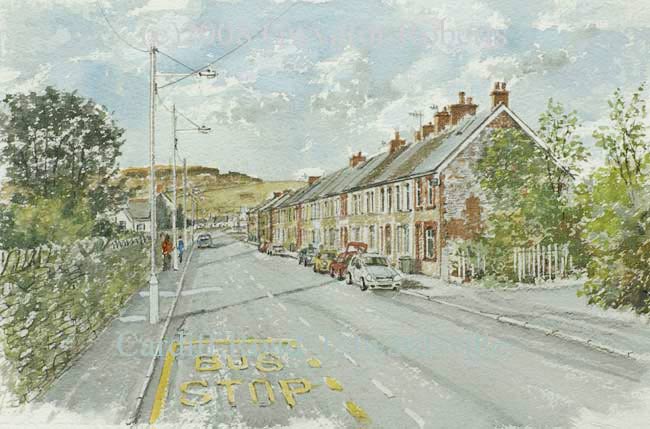 Watercolour painting of Cardiff Road, Edwardsville,South Wales