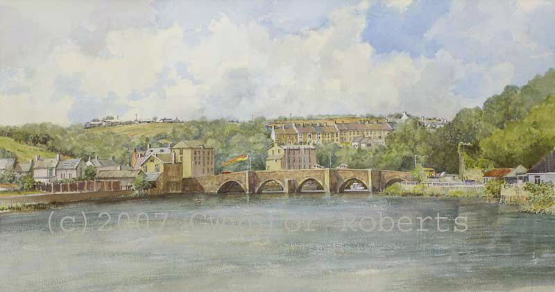 watercolour painting of bridge over the River Teifi, Cardigan