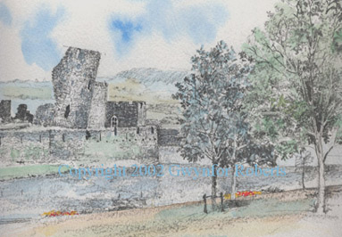 Painting of The Leaning Tower at Caerphilly castle, South Wales.