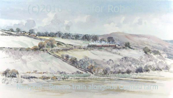 Painting of Newport to Brecon steam Train passing through Cwmdu farm, Maesycwmmer