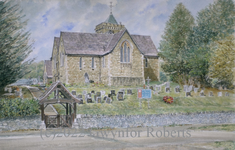 watercolour painting of Holy Trinity Church, Ystrad Mynach