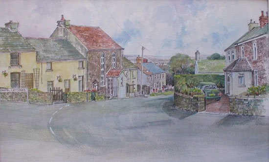 Painting of Chapel Cottages and Horeb Baptist Chapel, Castle Hill, Gelligaer
