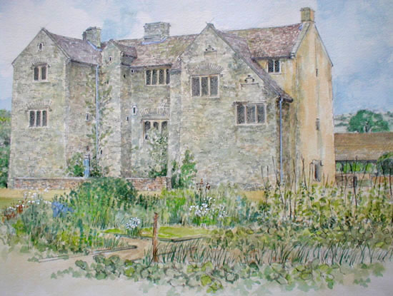 Rear view of LLancaiach Fawr Manor with the kitchen garden