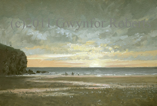 Sun setting over Llangrannog beach, West Wales