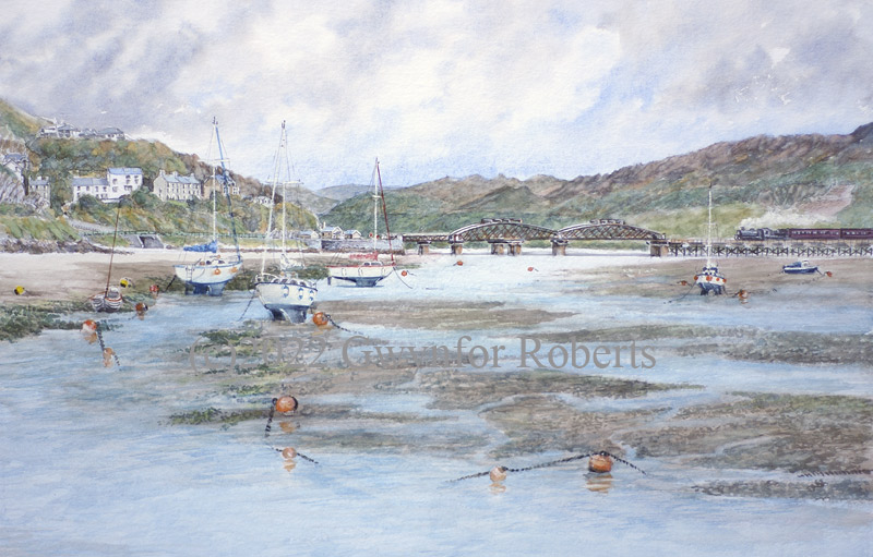 Watercolour painting of Barmouth Railway Bridge crossing the Mawddach Estuary, North Wales