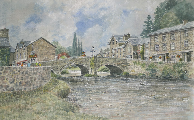 This painting shows the stone bridge at Beddgelert in Snowdonia, with the River Colwyn flowing through