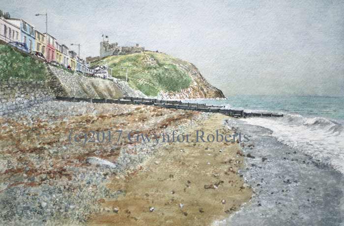 This watercolour painting shows Criccieth Castle from its West, Marine beach in North Wales