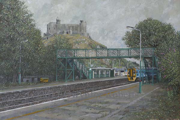 Harlech Railway Station with Harlech Castle, by Welsh artist Gwynfor Roberts