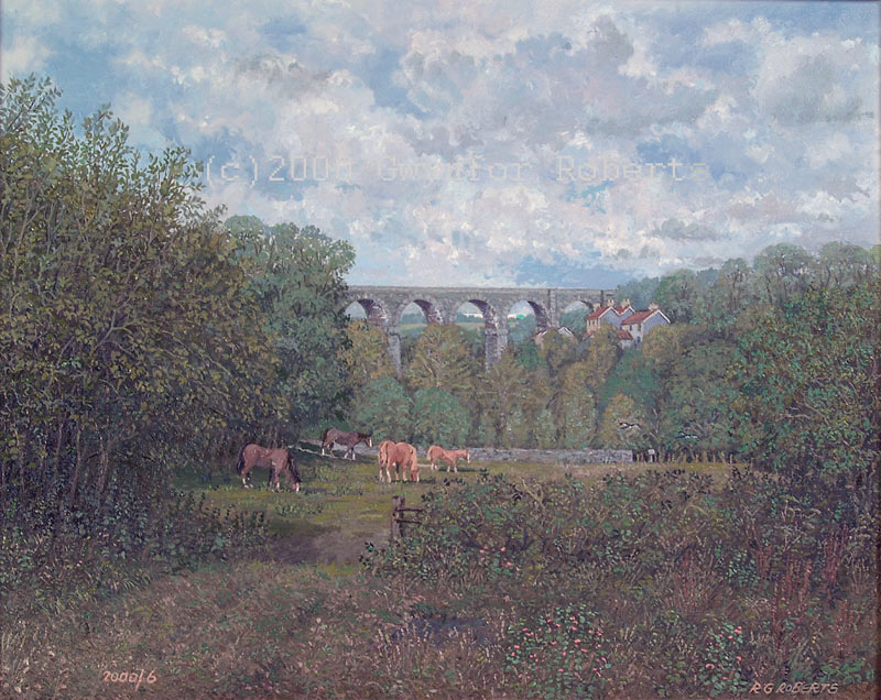 Welsh landscape paintings-Hengoed Viaduct, Horses Grazing