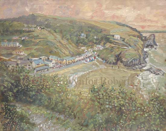 Painting of Llangrannog beach, from the cliff walk