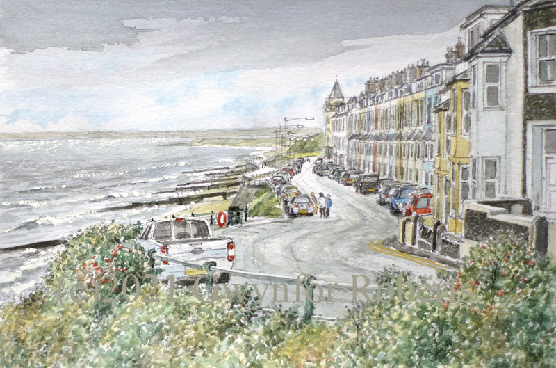 This watercolour painting is a  view looking West towards Marine beach with Criccieth Castle just behind the viewer