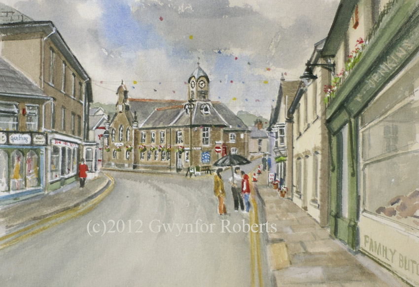 Watercolour painting of The Market Square, Newcastle Emlyn, Teifi Valley, West Wales