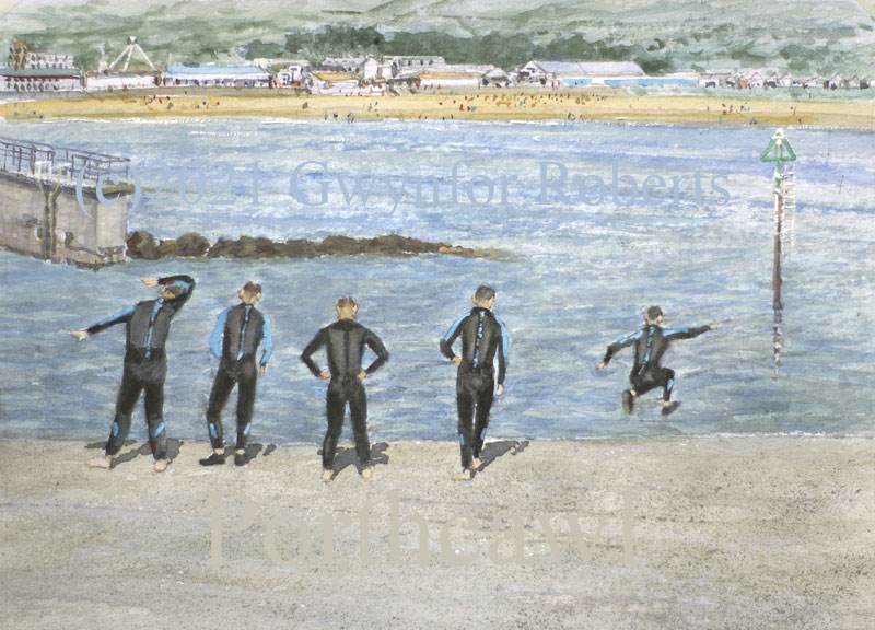 Painting of Porthcawl-jumping off the pier