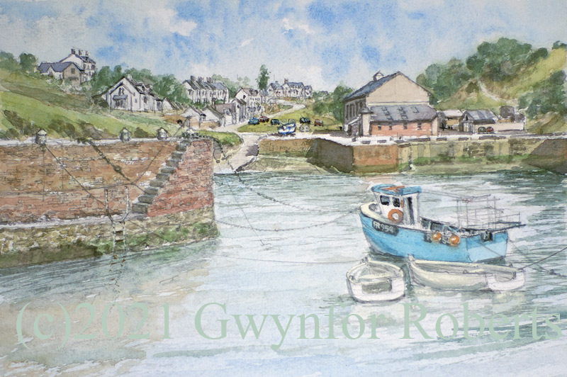 Watercolour painting of Porthgain harbour