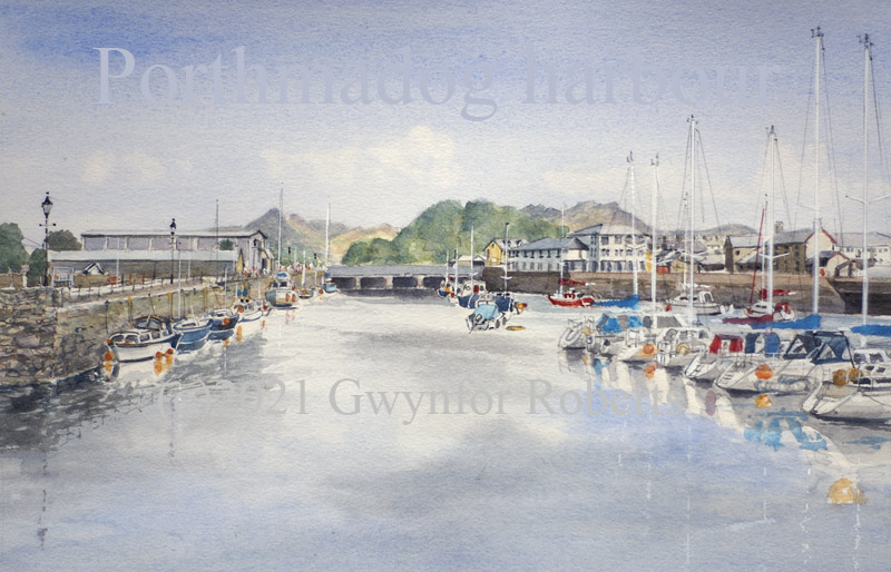 painting of Porthmadog harbour, North Wales by Welsh Artist Gwynfor Roberts