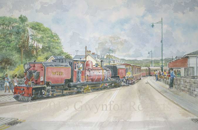Painting of Ffestiniog tourist steam train as it leaves Porthmadog for Blaenau Ffestiniog