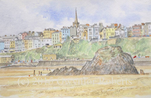 Watercolour painting of the North beach, Tenby, West Wales