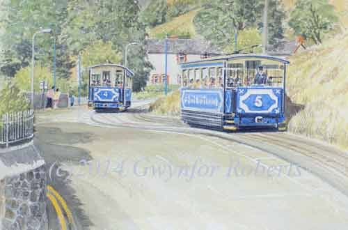 This watercolour shows two Great Orme Trams passing along Ty-Gwyn Road
