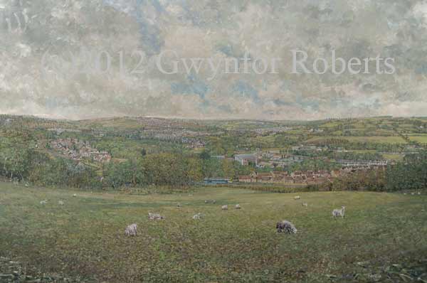 Painting of Ystrad Mynach with Hengoed Viaduct in the distance