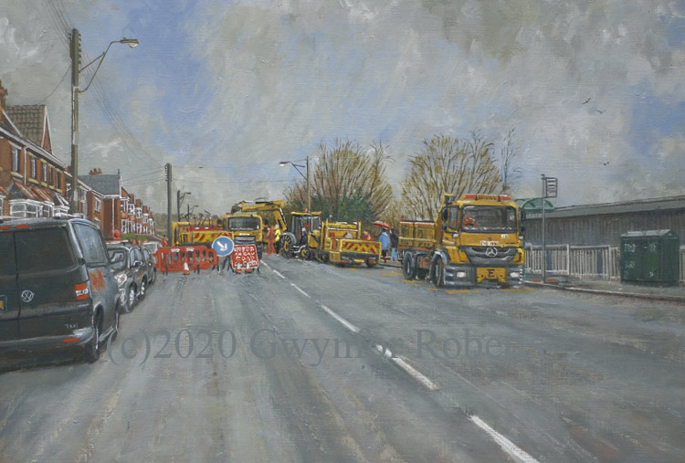 This oil painting is along my home road in Ystrad Mynach with the council working on traffic calming measures.