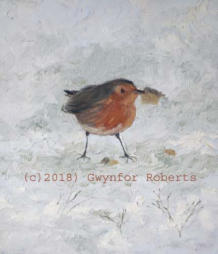 Painting of a robin eating bread