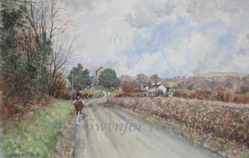 Painting of Rudry lanes with Saint James's Church in the distance