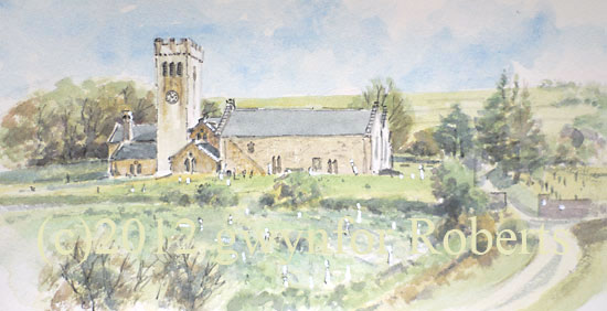 Painting of Saint James' church, Manorbier, West Wales