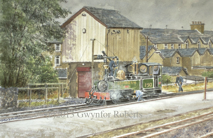 This watercolour shows The Ffestiniog Railway Train - Southern Number 190