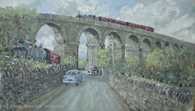 Steam train crossing over Hengoed to Maesycwmmer Viaduct