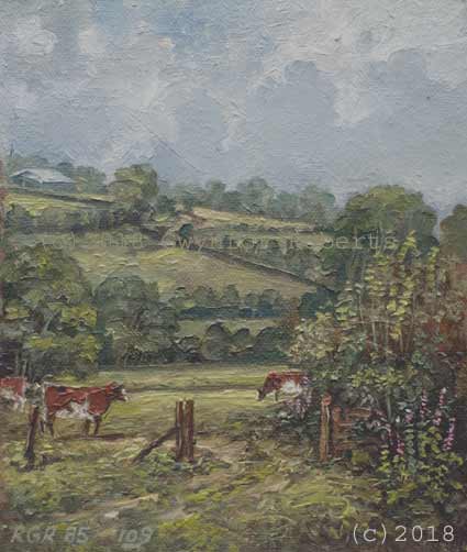 Painting of cows grazing, Ystrad Mynach. With Cwmdu Farm in thw distance
