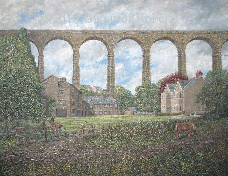 Painting of the Woolen Mill in Maesycwmmer with Hengoed to Maesycwmmer Viaduct