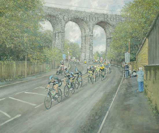 The Tour of Britain 2013 cycle race, passing through Hengoed viaduct