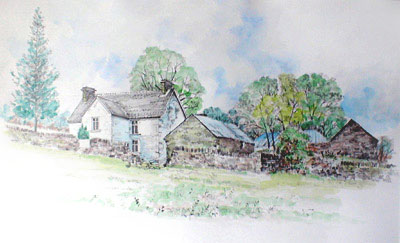 painting of Tredomen Farm, Ystrad Mynach, South Wales