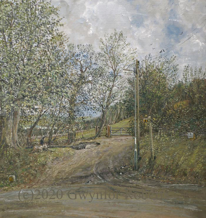 Painting of walkway crossing The Twyn River on Twyn Road, Ystrad Mynach