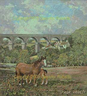 horse and foal with Hengoed viaduct
