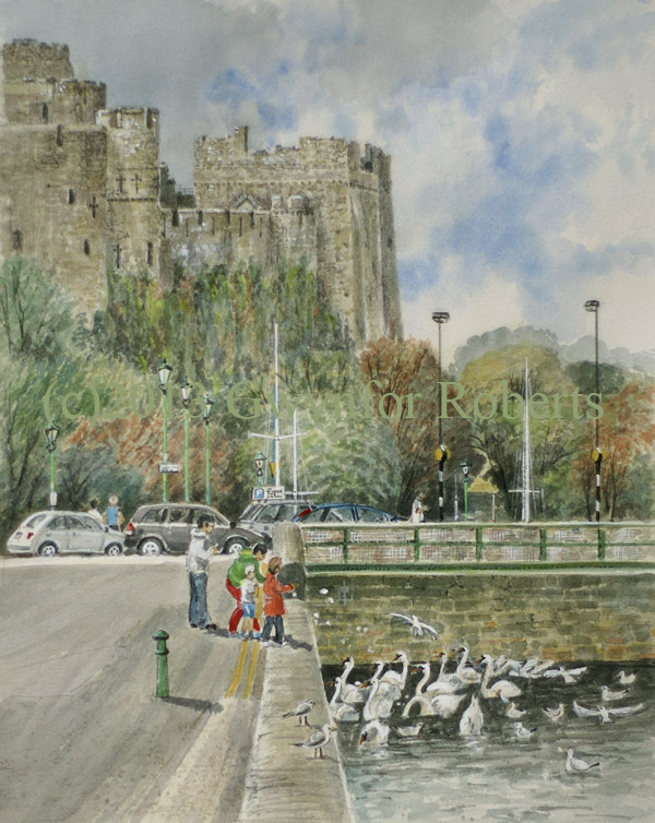 Welsh Art. Feeding the swans near Pembroke Castle, West Wales